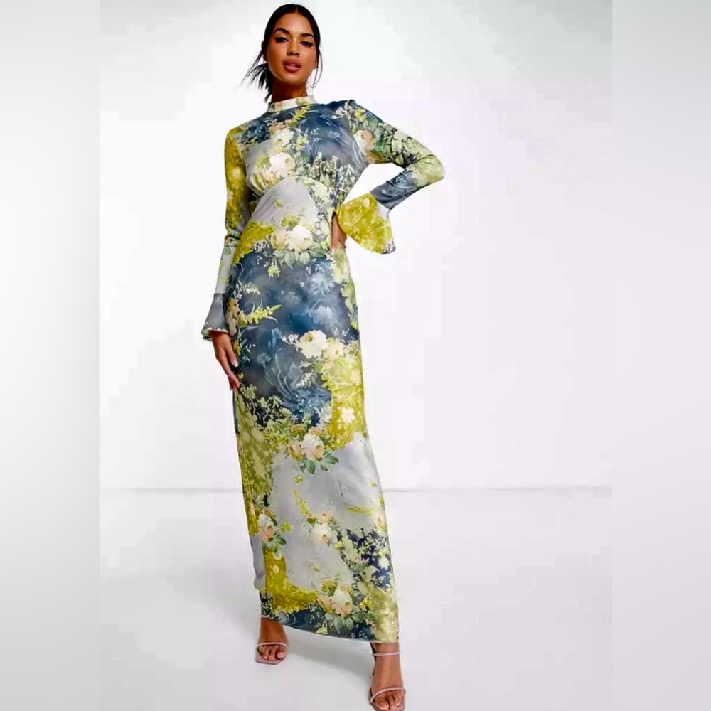 Floral Long Sleeve Maxi Dress - Blue and Yellow